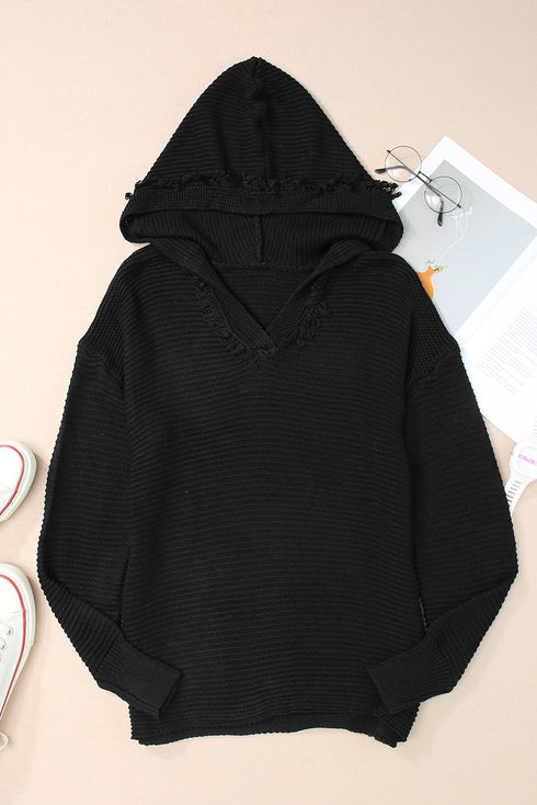 Raw Edge V Neck Ribbed Knit Hooded Sweater