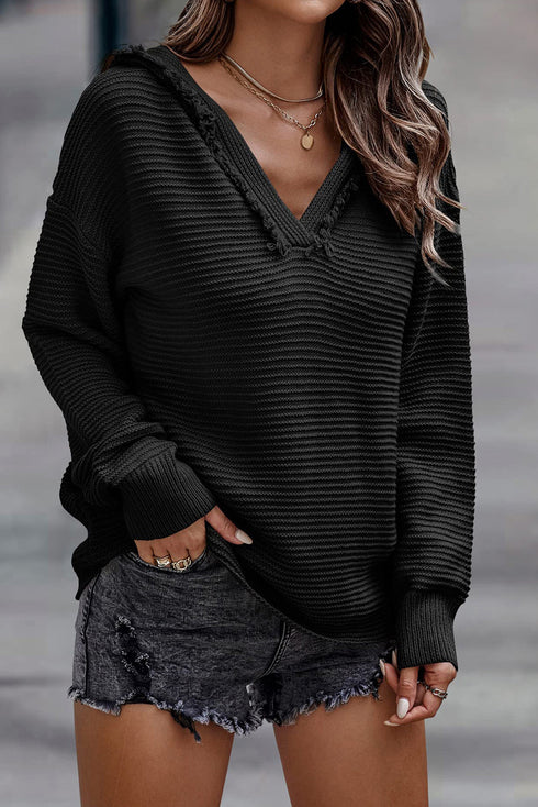 Raw Edge V Neck Ribbed Knit Hooded Sweater