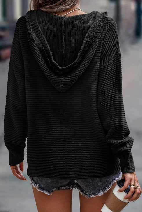 Raw Edge V Neck Ribbed Knit Hooded Sweater