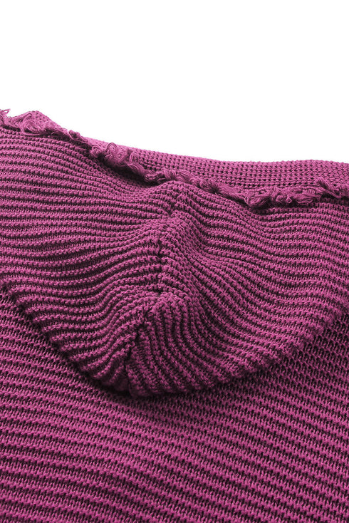 Raw Edge V Neck Ribbed Knit Hooded Sweater