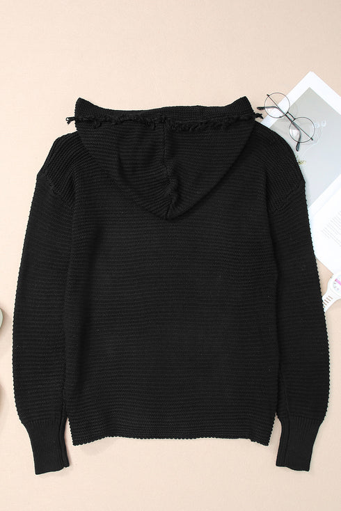 Raw Edge V Neck Ribbed Knit Hooded Sweater