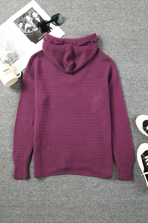 Raw Edge V Neck Ribbed Knit Hooded Sweater