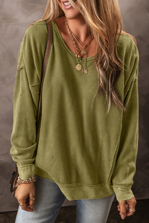 Raw Edge Waffle Knit Relaxed Long Sleeve Top