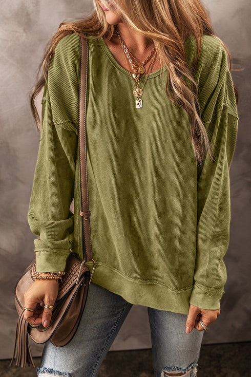 Raw Edge Waffle Knit Relaxed Long Sleeve Top