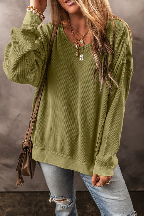 Raw Edge Waffle Knit Relaxed Long Sleeve Top