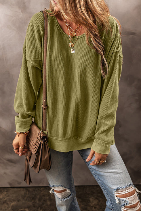 Raw Edge Waffle Knit Relaxed Long Sleeve Top
