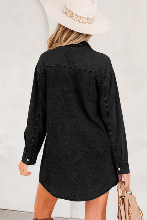 Raw Hem Chest Pocket Denim Loose T Shirt Dress