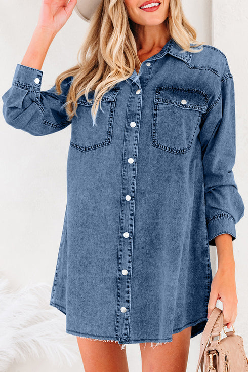 Raw Hem Chest Pocket Denim Loose T Shirt Dress