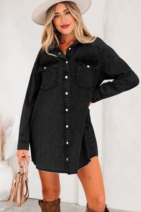 Raw Hem Chest Pocket Denim Loose T Shirt Dress