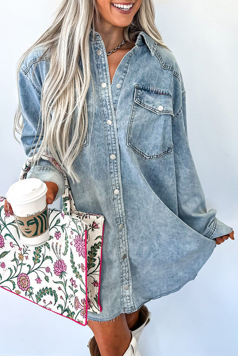 Raw Hem Chest Pocket Denim Loose T Shirt Dress