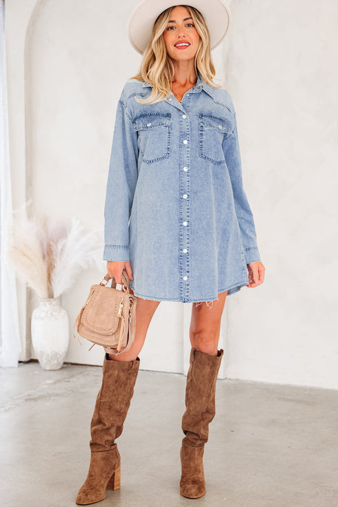 Raw Hem Chest Pocket Denim Loose T Shirt Dress