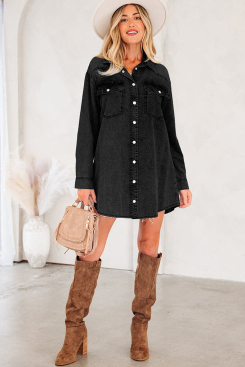 Raw Hem Chest Pocket Denim Loose T Shirt Dress