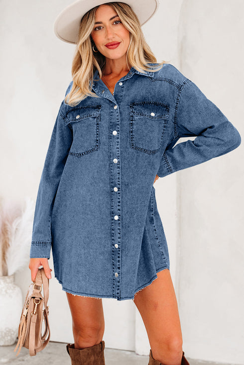 Raw Hem Chest Pocket Denim Loose T Shirt Dress