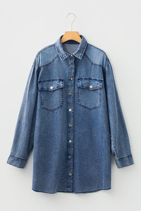 Raw Hem Chest Pocket Denim Loose T Shirt Dress