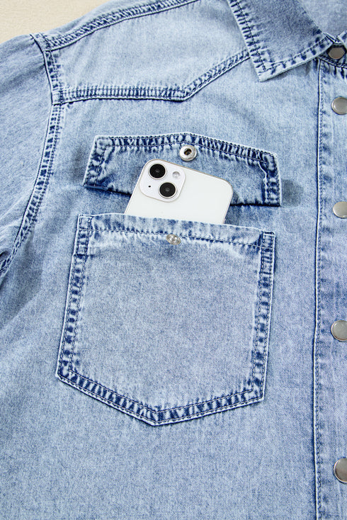 Raw Hem Chest Pocket Denim Loose T Shirt Dress