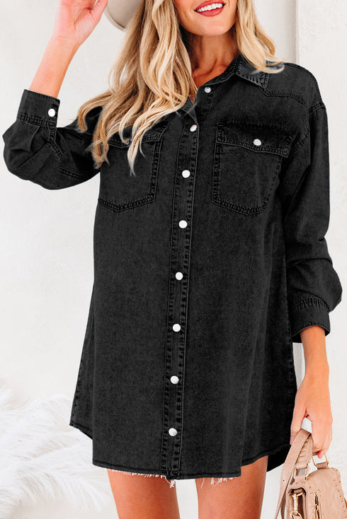 Raw Hem Chest Pocket Denim Loose T Shirt Dress