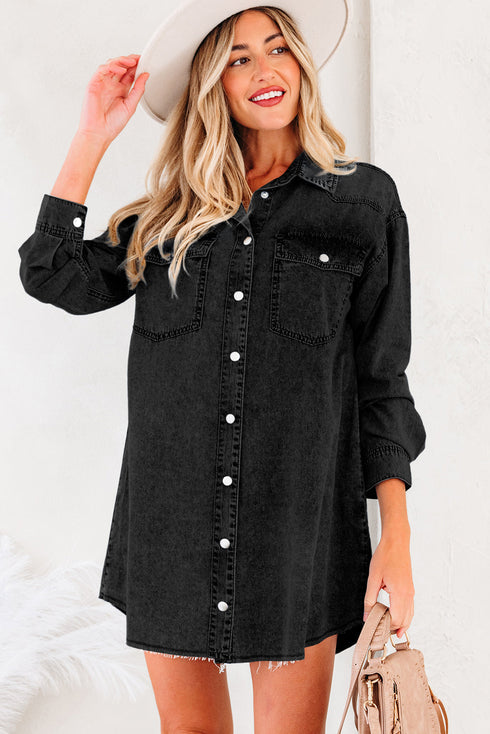 Raw Hem Chest Pocket Denim Loose T Shirt Dress