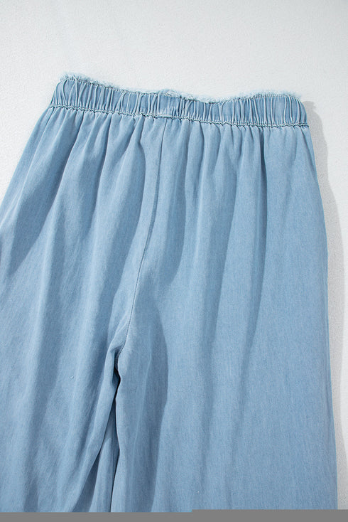 Raw Hem Distressed Ruffled Wide Leg Denim Jeans