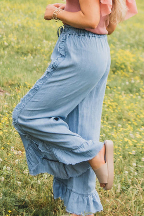 Raw Hem Distressed Ruffled Wide Leg Denim Jeans