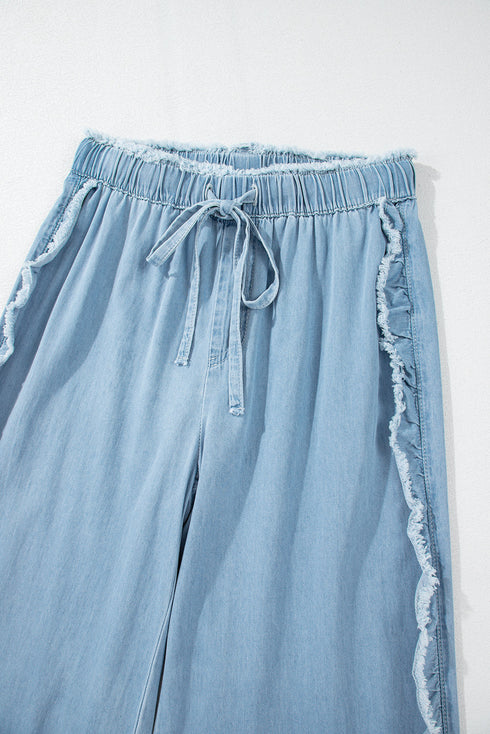 Raw Hem Distressed Ruffled Wide Leg Denim Jeans