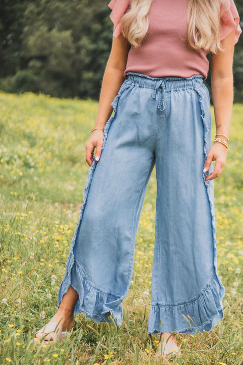 Raw Hem Distressed Ruffled Wide Leg Denim Jeans
