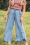 Raw Hem Distressed Ruffled Wide Leg Denim Jeans