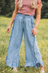 Raw Hem Distressed Ruffled Wide Leg Denim Jeans