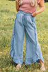 Raw Hem Distressed Ruffled Wide Leg Denim Jeans