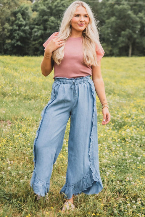 Raw Hem Distressed Ruffled Wide Leg Denim Jeans