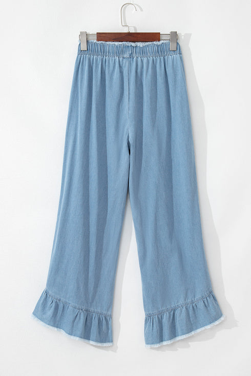 Raw Hem Distressed Ruffled Wide Leg Denim Jeans