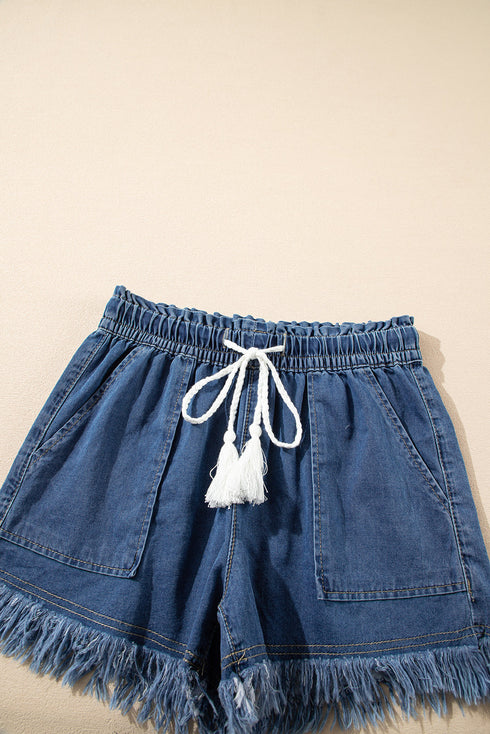 Raw Hem Elastic Waist Drawstring Pocket Denim Shorts