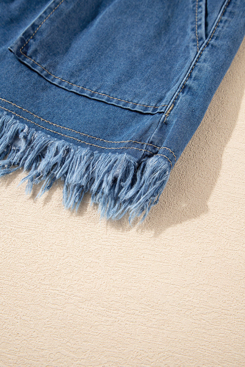 Raw Hem Elastic Waist Drawstring Pocket Denim Shorts