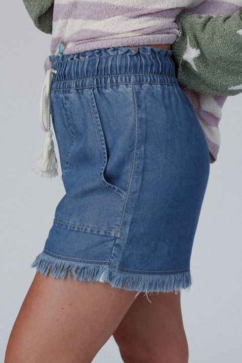 Raw Hem Elastic Waist Drawstring Pocket Denim Shorts