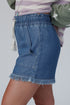 Raw Hem Elastic Waist Drawstring Pocket Denim Shorts