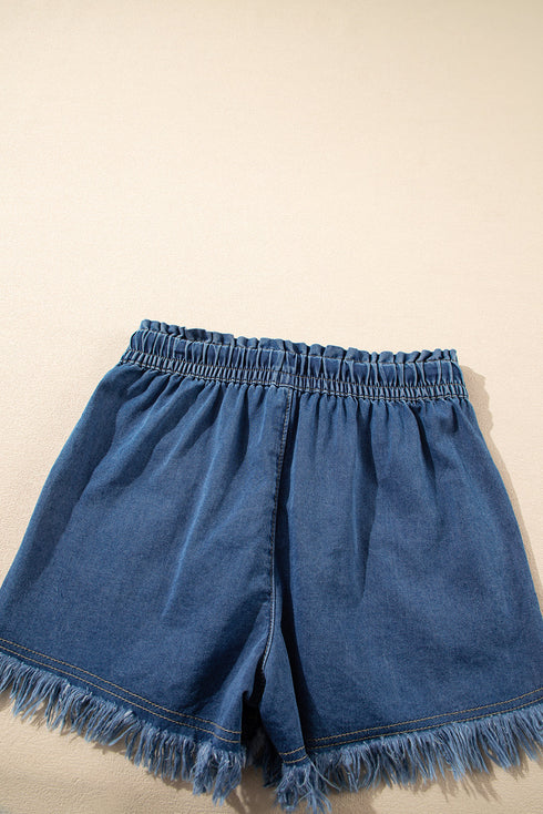 Raw Hem Elastic Waist Drawstring Pocket Denim Shorts