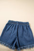 Raw Hem Elastic Waist Drawstring Pocket Denim Shorts
