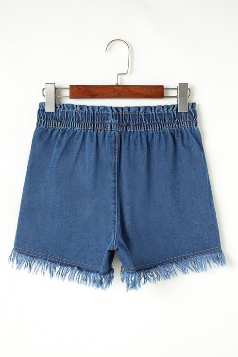 Raw Hem Elastic Waist Drawstring Pocket Denim Shorts