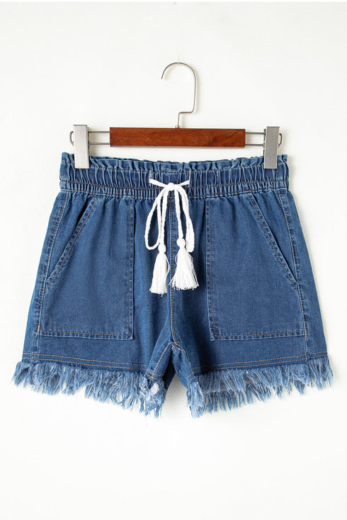 Raw Hem Elastic Waist Drawstring Pocket Denim Shorts