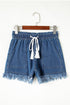 Raw Hem Elastic Waist Drawstring Pocket Denim Shorts