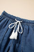 Raw Hem Elastic Waist Drawstring Pocket Denim Shorts