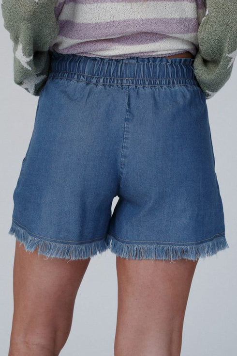 Raw Hem Elastic Waist Drawstring Pocket Denim Shorts