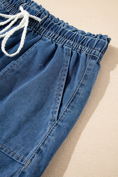 Raw Hem Elastic Waist Drawstring Pocket Denim Shorts