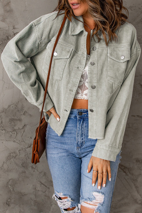 Raw Hem Flap Pocket Cropped Corduroy Jacket