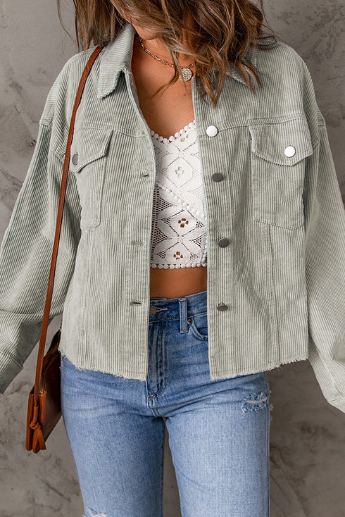 Raw Hem Flap Pocket Cropped Corduroy Jacket