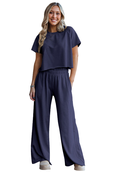 Raw Hem Loose Tee and Wide Leg Pants Set