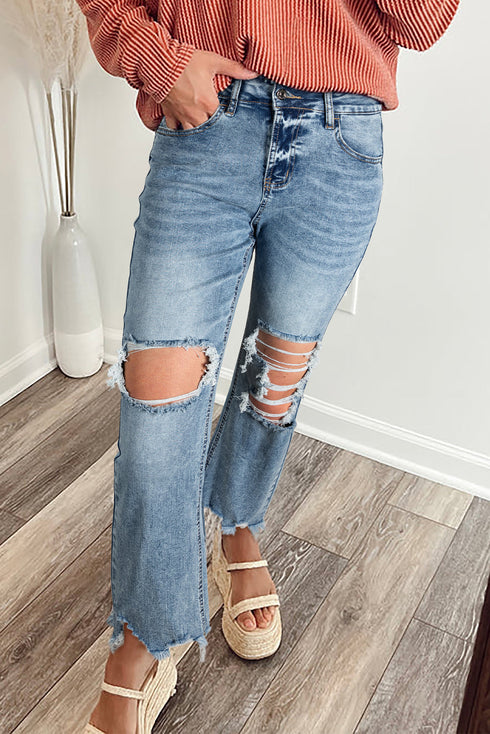Raw Hem Ripped Open Knee High Rise Relaxed Flare Jeans