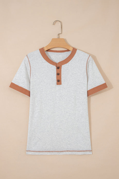 Raw Seam Detail Geometric Paneled Buttoned Henley Tee