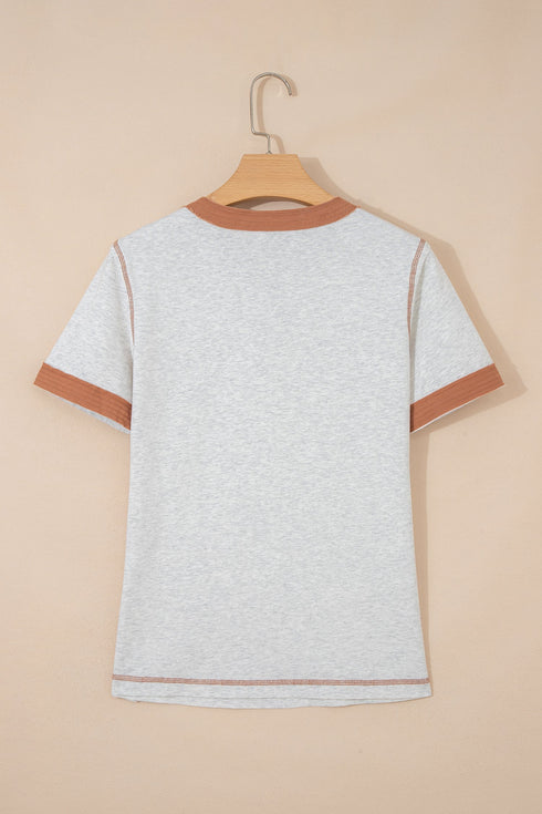 Raw Seam Detail Geometric Paneled Buttoned Henley Tee