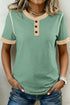 Raw Seam Detail Geometric Paneled Buttoned Henley Tee