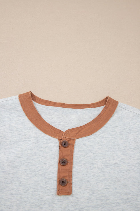 Raw Seam Detail Geometric Paneled Buttoned Henley Tee